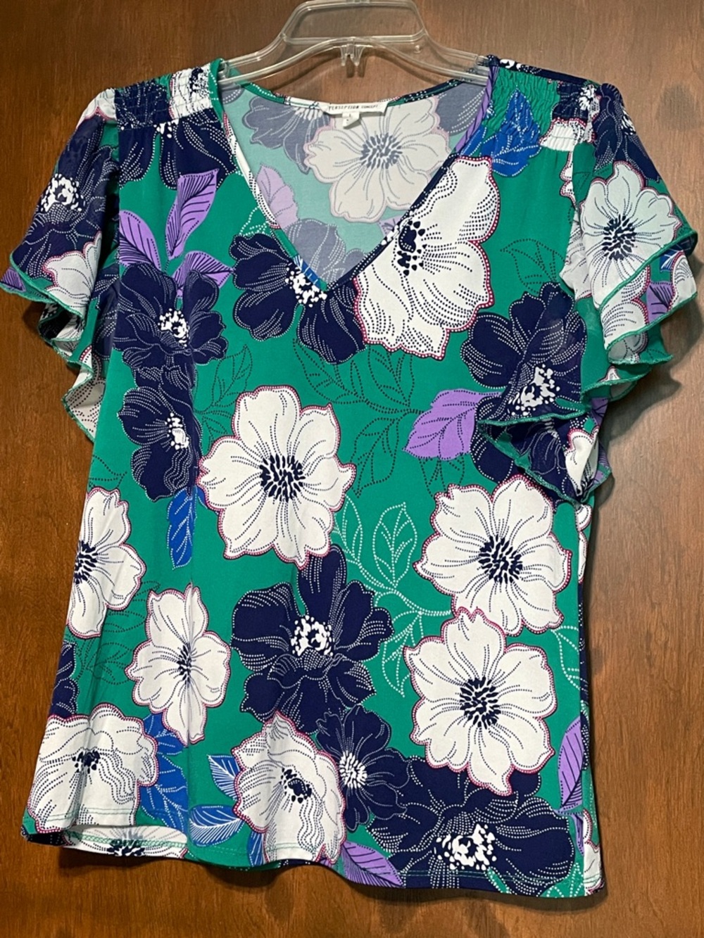 PerSeption Concept Teal Floral V-Neck Flutter Chiffon Sleeve Blouse